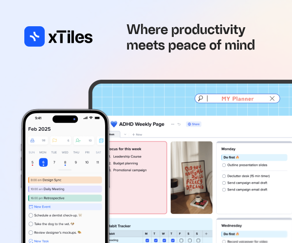 Material oficial de xTiles con un planificador semanal en ordenador y móvil